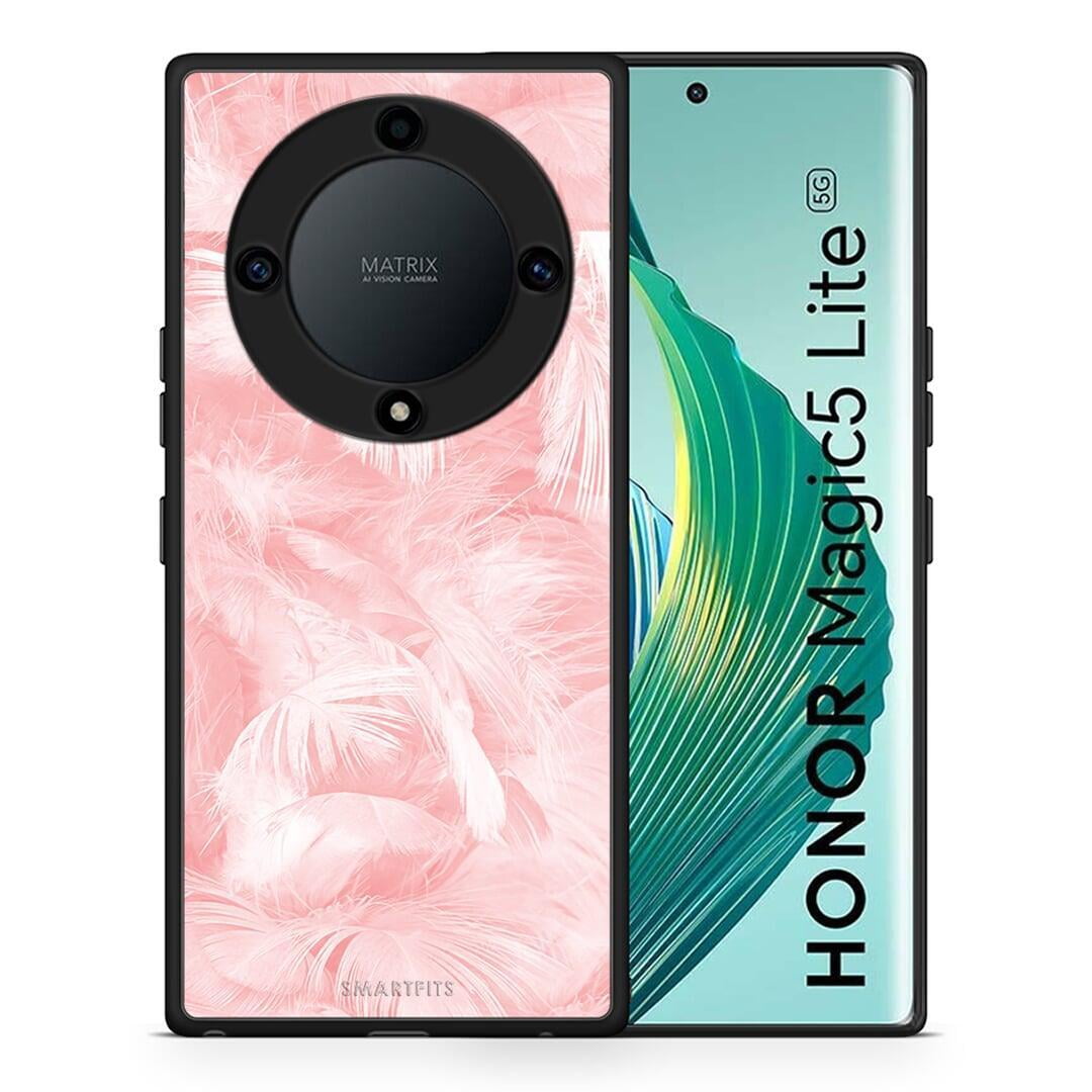 Θήκη Honor Magic5 Lite 5G / X9a Boho Pink Feather από τη Smartfits με σχέδιο στο πίσω μέρος και μαύρο περίβλημα | Honor Magic5 Lite 5G / X9a Boho Pink Feather Case with Colorful Back and Black Bezels