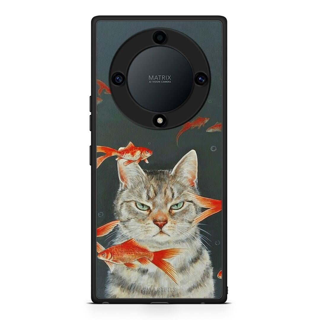 Θήκη Honor Magic5 Lite 5G / X9a Cat Goldfish από τη Smartfits με σχέδιο στο πίσω μέρος και μαύρο περίβλημα | Honor Magic5 Lite 5G / X9a Cat Goldfish Case with Colorful Back and Black Bezels