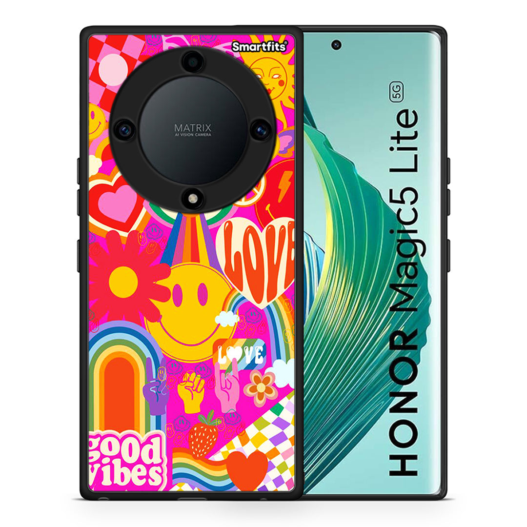 Θήκη Honor Magic5 Lite 5G / X9a Hippie Love από τη Smartfits με σχέδιο στο πίσω μέρος και μαύρο περίβλημα | Honor Magic5 Lite 5G / X9a Hippie Love Case with Colorful Back and Black Bezels