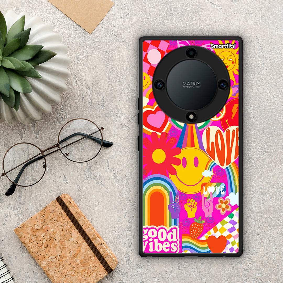 Θήκη Honor Magic5 Lite 5G / X9a Hippie Love από τη Smartfits με σχέδιο στο πίσω μέρος και μαύρο περίβλημα | Honor Magic5 Lite 5G / X9a Hippie Love Case with Colorful Back and Black Bezels