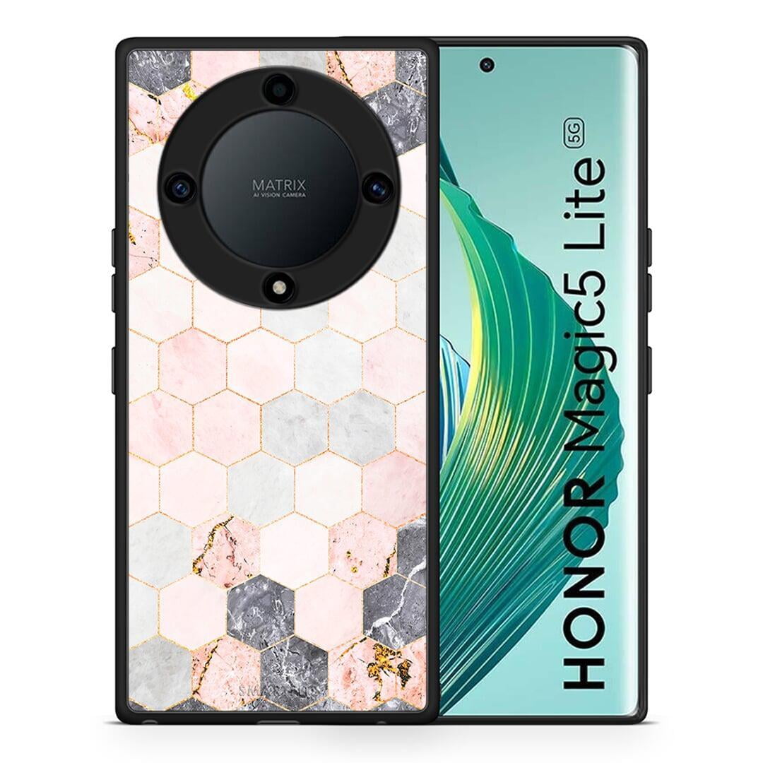 Θήκη Honor Magic5 Lite 5G / X9a Marble Hexagon Pink από τη Smartfits με σχέδιο στο πίσω μέρος και μαύρο περίβλημα | Honor Magic5 Lite 5G / X9a Marble Hexagon Pink Case with Colorful Back and Black Bezels