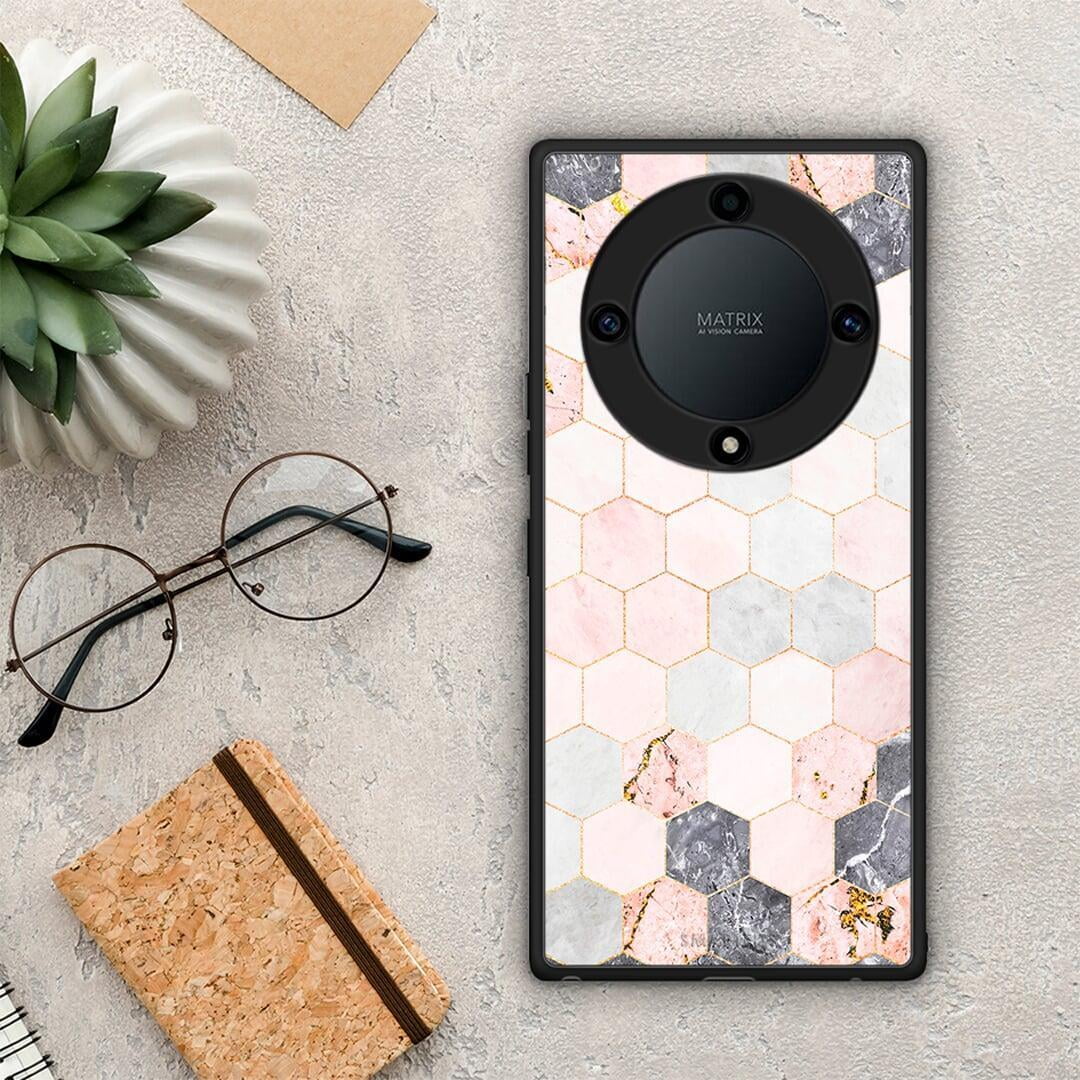 Θήκη Honor Magic5 Lite 5G / X9a Marble Hexagon Pink από τη Smartfits με σχέδιο στο πίσω μέρος και μαύρο περίβλημα | Honor Magic5 Lite 5G / X9a Marble Hexagon Pink Case with Colorful Back and Black Bezels