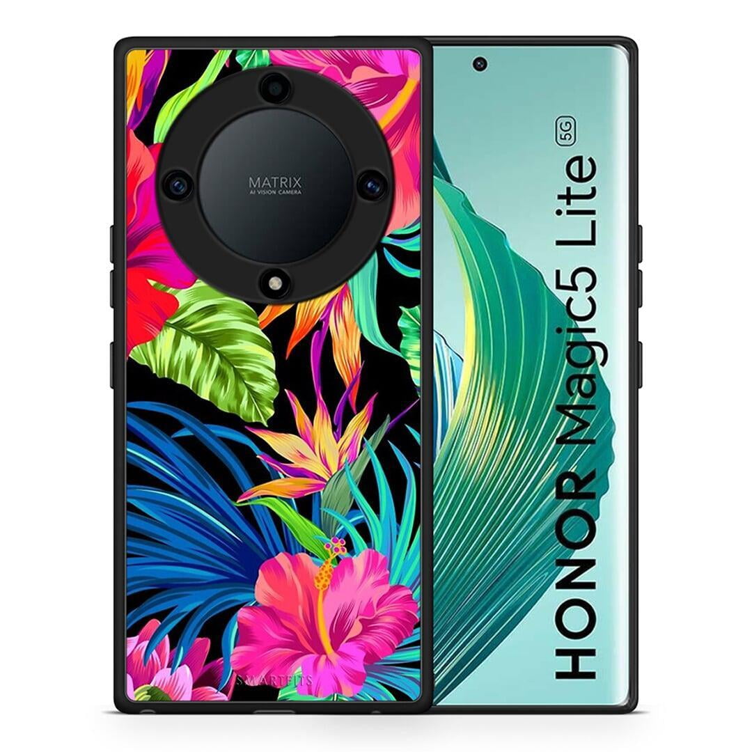 Θήκη Honor Magic5 Lite 5G / X9a Tropical Flowers από τη Smartfits με σχέδιο στο πίσω μέρος και μαύρο περίβλημα | Honor Magic5 Lite 5G / X9a Tropical Flowers Case with Colorful Back and Black Bezels