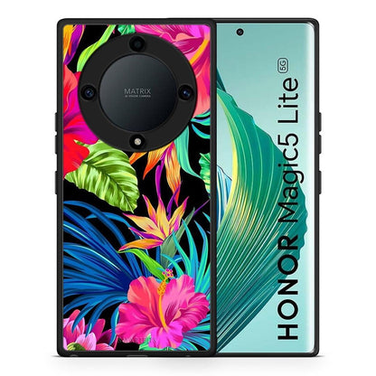 Θήκη Honor Magic5 Lite 5G / X9a Tropical Flowers από τη Smartfits με σχέδιο στο πίσω μέρος και μαύρο περίβλημα | Honor Magic5 Lite 5G / X9a Tropical Flowers Case with Colorful Back and Black Bezels