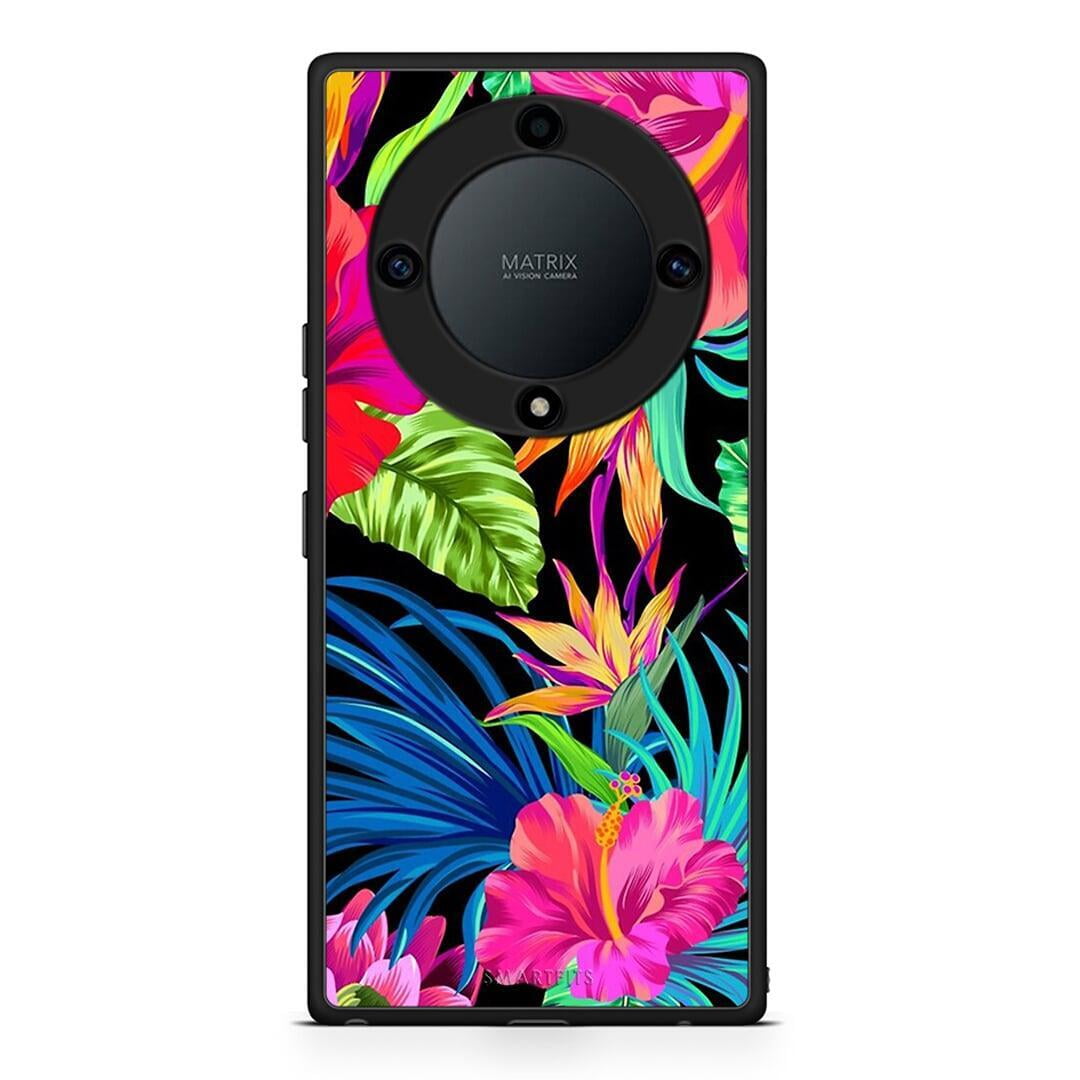 Θήκη Honor Magic5 Lite 5G / X9a Tropical Flowers από τη Smartfits με σχέδιο στο πίσω μέρος και μαύρο περίβλημα | Honor Magic5 Lite 5G / X9a Tropical Flowers Case with Colorful Back and Black Bezels
