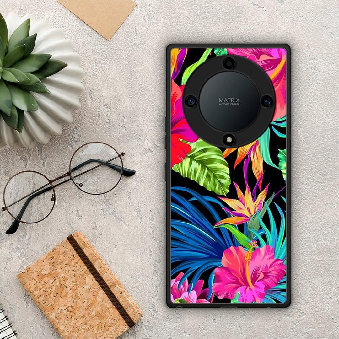 Θήκη Honor Magic5 Lite 5G / X9a Tropical Flowers από τη Smartfits με σχέδιο στο πίσω μέρος και μαύρο περίβλημα | Honor Magic5 Lite 5G / X9a Tropical Flowers Case with Colorful Back and Black Bezels