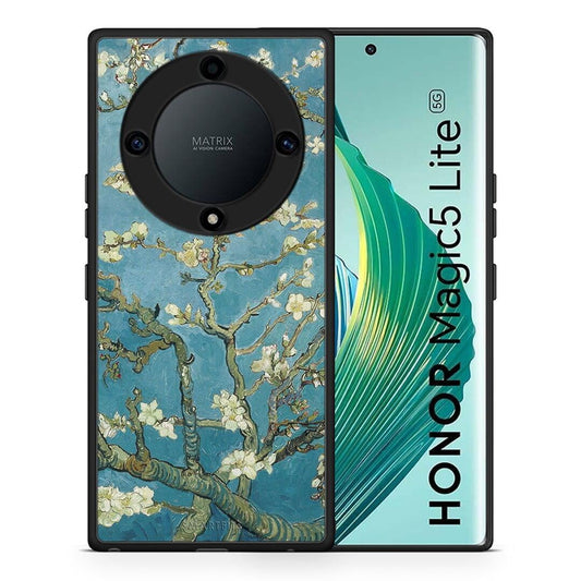 Θήκη Honor Magic5 Lite 5G / X9a White Blossoms από τη Smartfits με σχέδιο στο πίσω μέρος και μαύρο περίβλημα | Honor Magic5 Lite 5G / X9a White Blossoms Case with Colorful Back and Black Bezels