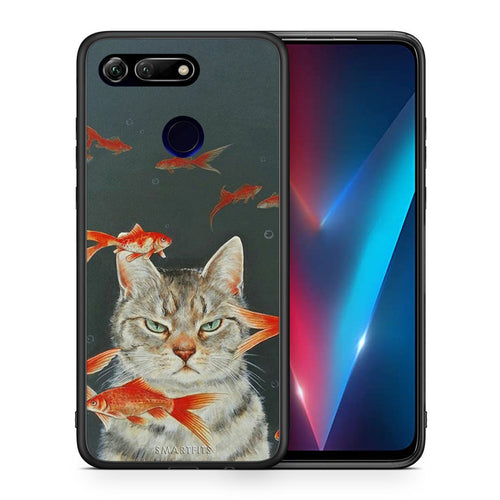 Θήκη Honor View 20 Cat Goldfish από τη Smartfits με σχέδιο στο πίσω μέρος και μαύρο περίβλημα | Honor View 20 Cat Goldfish case with colorful back and black bezels