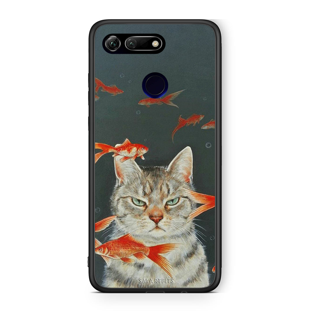 Honor View 20 Cat Goldfish θήκη από τη Smartfits με σχέδιο στο πίσω μέρος και μαύρο περίβλημα | Smartphone case with colorful back and black bezels by Smartfits