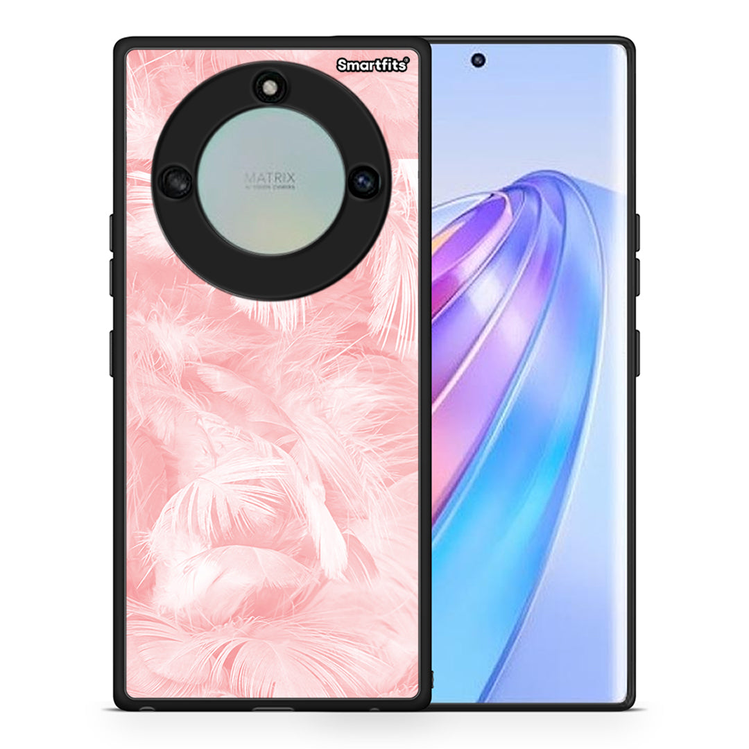 Θήκη Honor X40 Pink Feather Boho από τη Smartfits με σχέδιο στο πίσω μέρος και μαύρο περίβλημα | Honor X40 Pink Feather Boho case with colorful back and black bezels