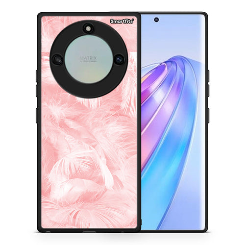 Θήκη Honor X40 Pink Feather Boho από τη Smartfits με σχέδιο στο πίσω μέρος και μαύρο περίβλημα | Honor X40 Pink Feather Boho case with colorful back and black bezels