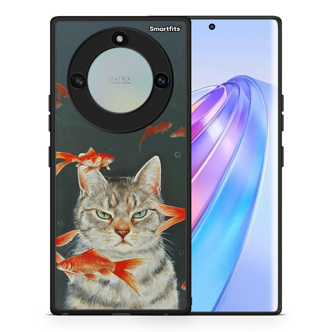 Θήκη Honor X40 Cat Goldfish από τη Smartfits με σχέδιο στο πίσω μέρος και μαύρο περίβλημα | Honor X40 Cat Goldfish case with colorful back and black bezels