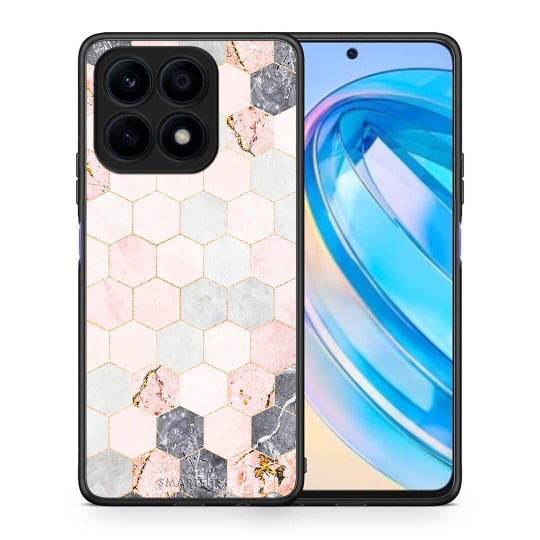 Θήκη Honor X8a Marble Hexagon Pink από τη Smartfits με σχέδιο στο πίσω μέρος και μαύρο περίβλημα | Honor X8a Marble Hexagon Pink Case with Colorful Back and Black Bezels