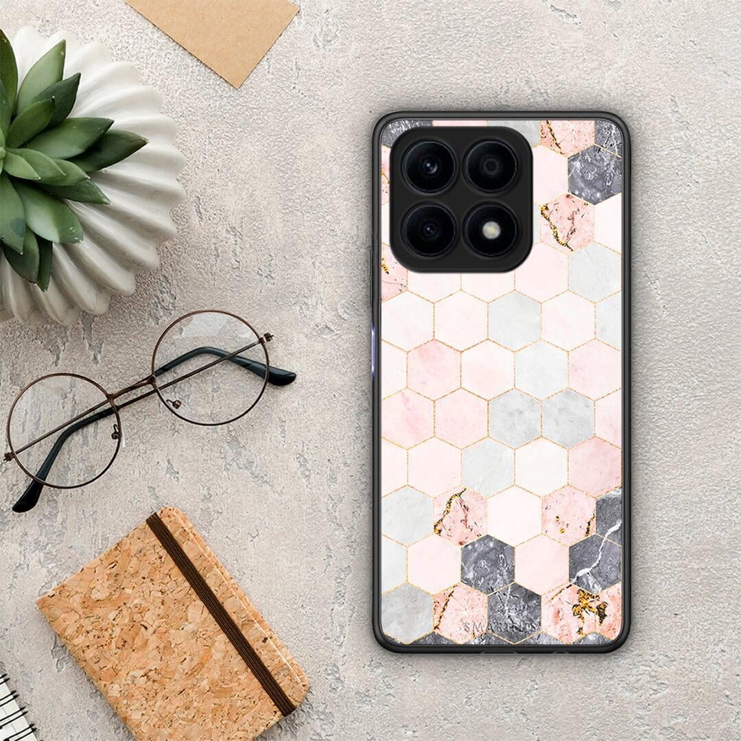 Θήκη Honor X8a Marble Hexagon Pink από τη Smartfits με σχέδιο στο πίσω μέρος και μαύρο περίβλημα | Honor X8a Marble Hexagon Pink Case with Colorful Back and Black Bezels