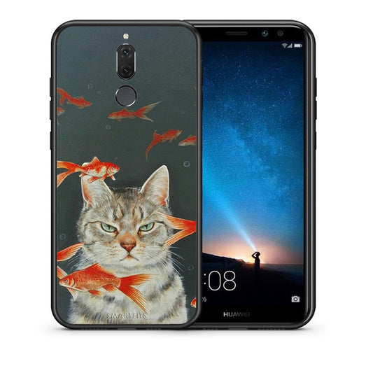 Θήκη Huawei Mate 10 Lite Cat Goldfish από τη Smartfits με σχέδιο στο πίσω μέρος και μαύρο περίβλημα | Huawei Mate 10 Lite Cat Goldfish case with colorful back and black bezels