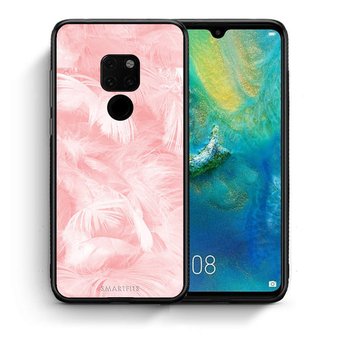 Θήκη Huawei Mate 20 Pink Feather Boho από τη Smartfits με σχέδιο στο πίσω μέρος και μαύρο περίβλημα | Huawei Mate 20 Pink Feather Boho case with colorful back and black bezels