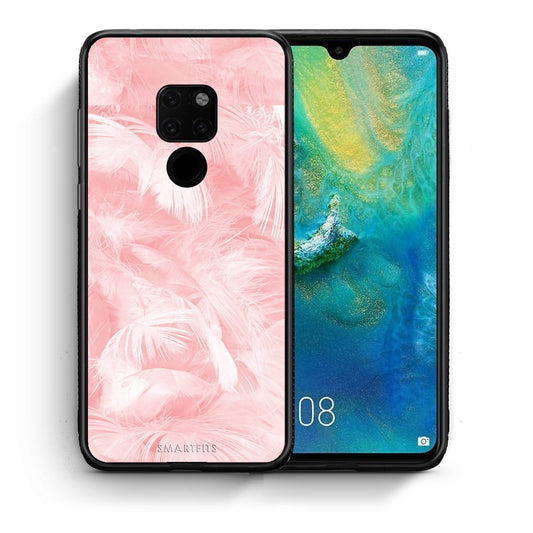 Θήκη Huawei Mate 20 Pink Feather Boho από τη Smartfits με σχέδιο στο πίσω μέρος και μαύρο περίβλημα | Huawei Mate 20 Pink Feather Boho case with colorful back and black bezels
