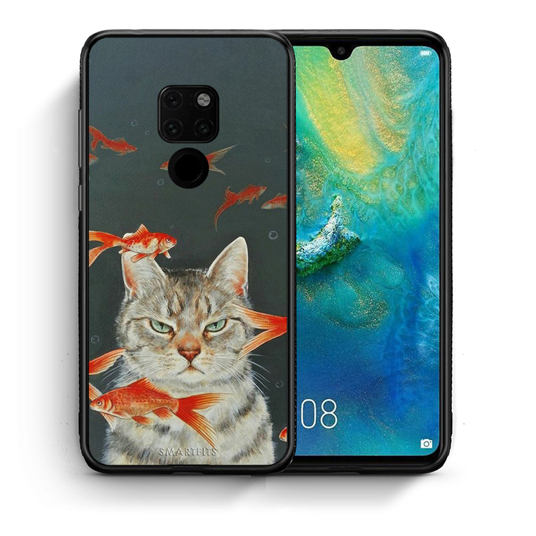 Θήκη Huawei Mate 20 Cat Goldfish από τη Smartfits με σχέδιο στο πίσω μέρος και μαύρο περίβλημα | Huawei Mate 20 Cat Goldfish case with colorful back and black bezels