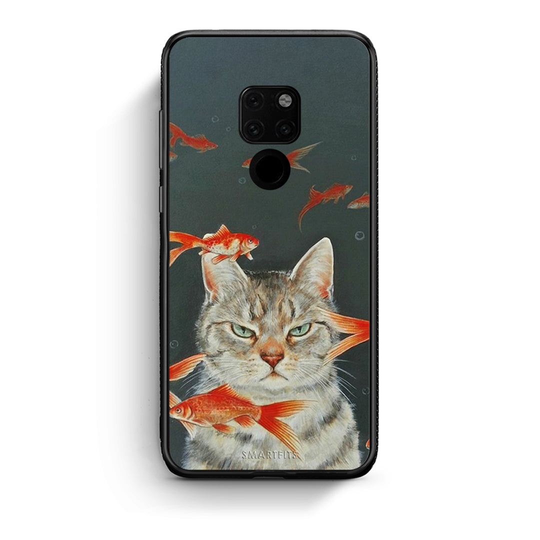Huawei Mate 20 Cat Goldfish θήκη από τη Smartfits με σχέδιο στο πίσω μέρος και μαύρο περίβλημα | Smartphone case with colorful back and black bezels by Smartfits