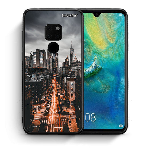 Θήκη Huawei Mate 20 City Lights από τη Smartfits με σχέδιο στο πίσω μέρος και μαύρο περίβλημα | Huawei Mate 20 City Lights case with colorful back and black bezels