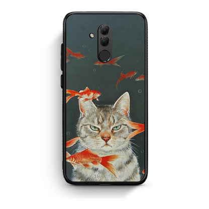 Huawei Mate 20 Lite Cat Goldfish θήκη από τη Smartfits με σχέδιο στο πίσω μέρος και μαύρο περίβλημα | Smartphone case with colorful back and black bezels by Smartfits