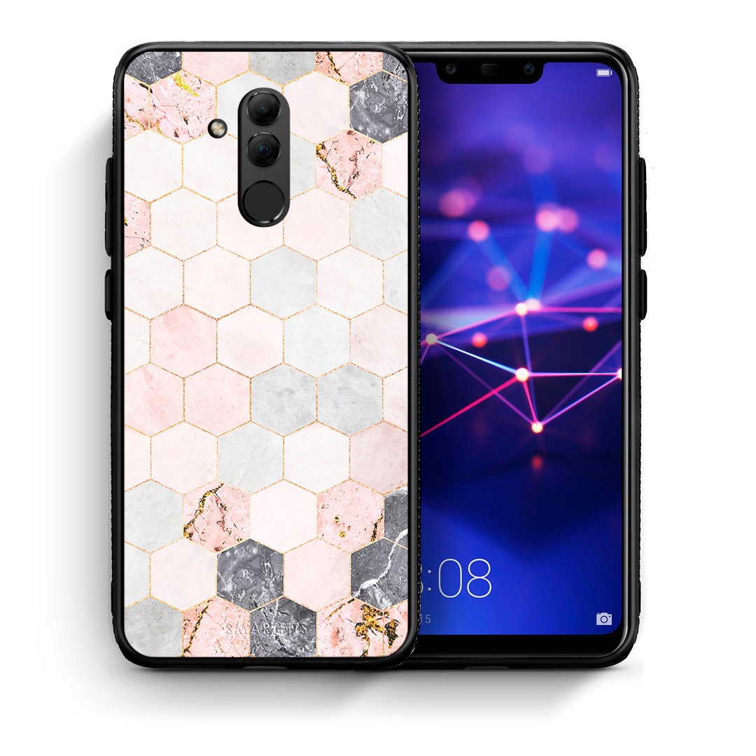 Θήκη Huawei Mate 20 Lite Hexagon Pink Marble από τη Smartfits με σχέδιο στο πίσω μέρος και μαύρο περίβλημα | Huawei Mate 20 Lite Hexagon Pink Marble case with colorful back and black bezels