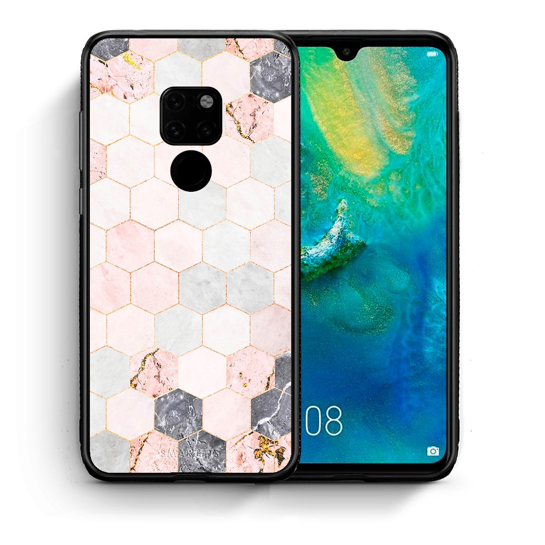 Θήκη Huawei Mate 20 Hexagon Pink Marble από τη Smartfits με σχέδιο στο πίσω μέρος και μαύρο περίβλημα | Huawei Mate 20 Hexagon Pink Marble case with colorful back and black bezels