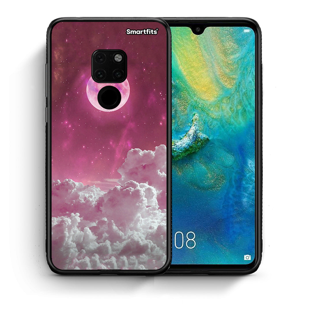 Θήκη Huawei Mate 20 Pink Moon από τη Smartfits με σχέδιο στο πίσω μέρος και μαύρο περίβλημα | Huawei Mate 20 Pink Moon case with colorful back and black bezels