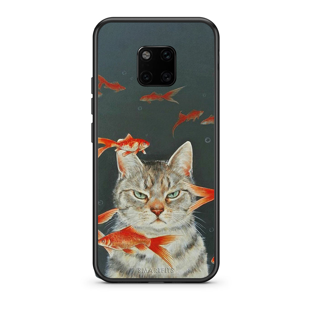 Huawei Mate 20 Pro Cat Goldfish θήκη από τη Smartfits με σχέδιο στο πίσω μέρος και μαύρο περίβλημα | Smartphone case with colorful back and black bezels by Smartfits