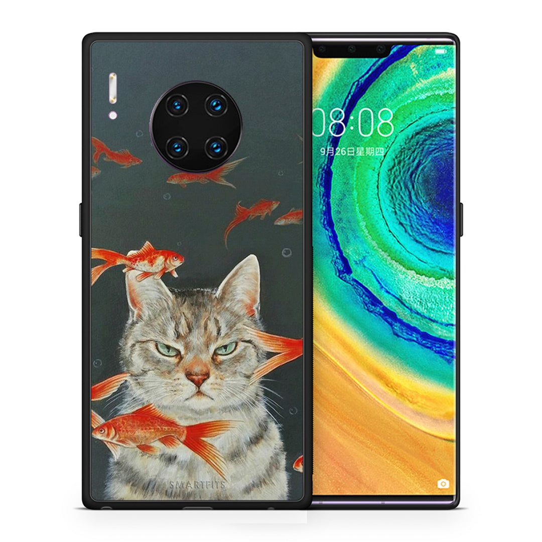 Θήκη Huawei Mate 30 Pro Cat Goldfish από τη Smartfits με σχέδιο στο πίσω μέρος και μαύρο περίβλημα | Huawei Mate 30 Pro Cat Goldfish case with colorful back and black bezels