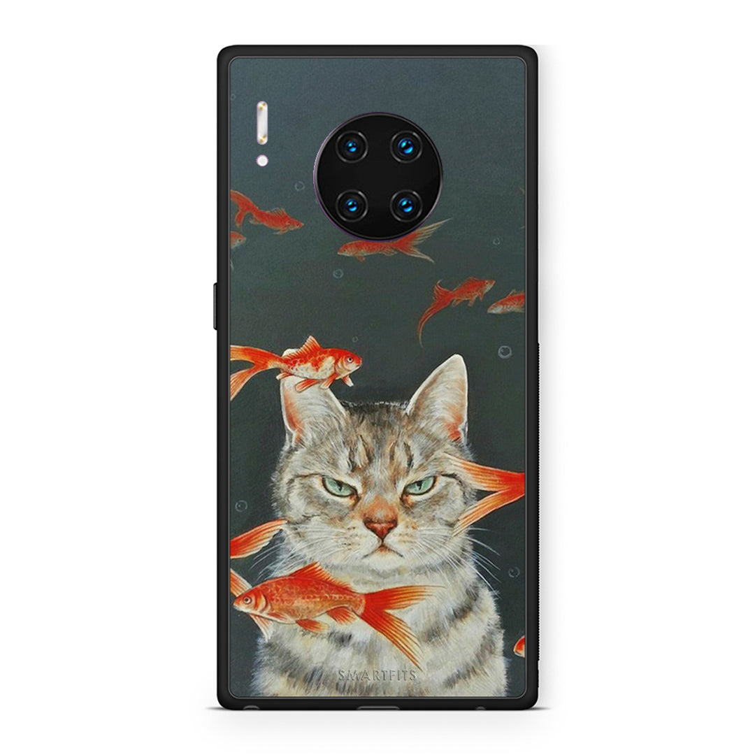 Huawei Mate 30 Pro Cat Goldfish θήκη από τη Smartfits με σχέδιο στο πίσω μέρος και μαύρο περίβλημα | Smartphone case with colorful back and black bezels by Smartfits