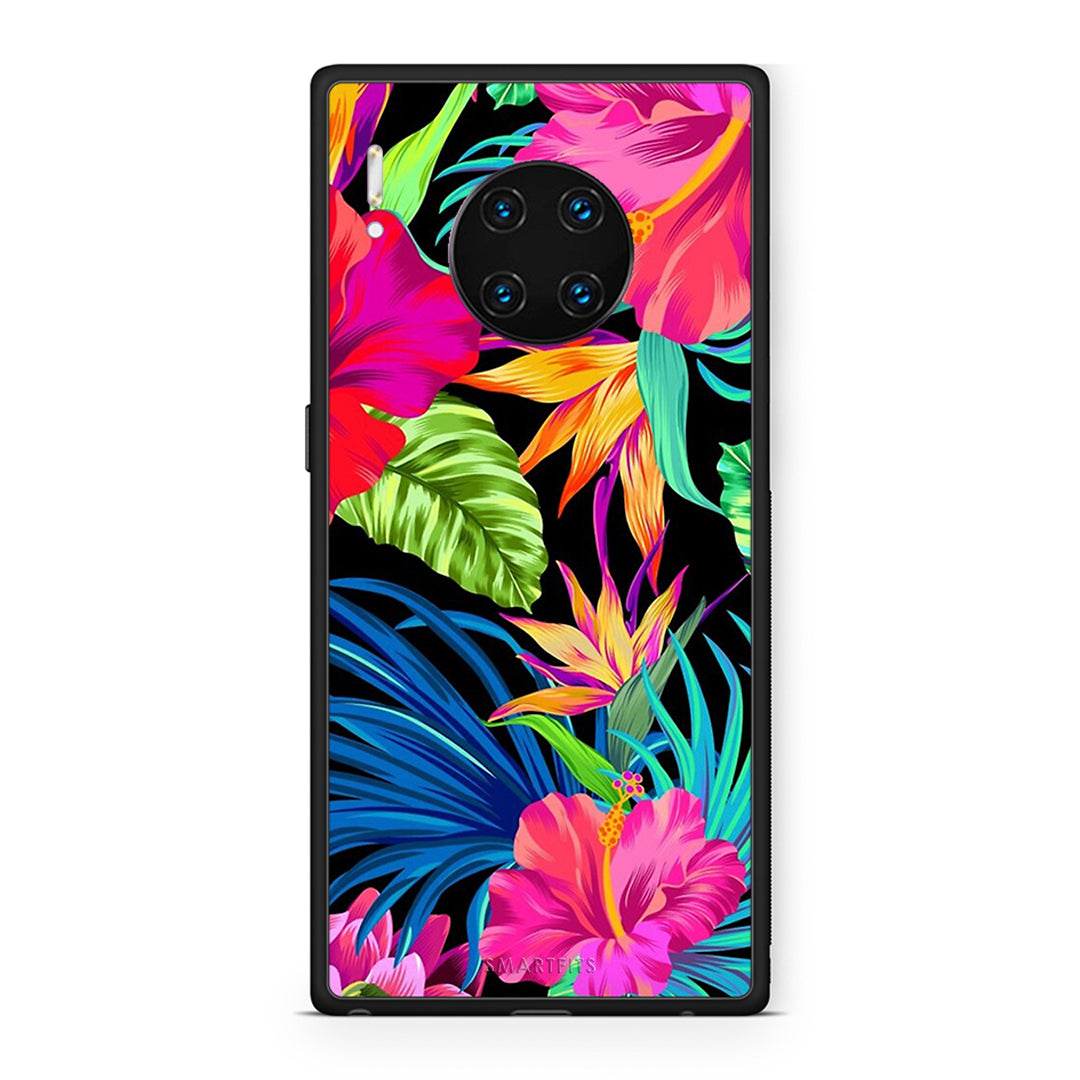 Huawei Mate 30 Pro Tropical Flowers θήκη από τη Smartfits με σχέδιο στο πίσω μέρος και μαύρο περίβλημα | Smartphone case with colorful back and black bezels by Smartfits