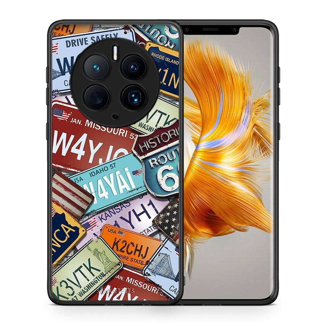 Θήκη Huawei Mate 50 Pro Car Plates από τη Smartfits με σχέδιο στο πίσω μέρος και μαύρο περίβλημα | Huawei Mate 50 Pro Car Plates Case with Colorful Back and Black Bezels
