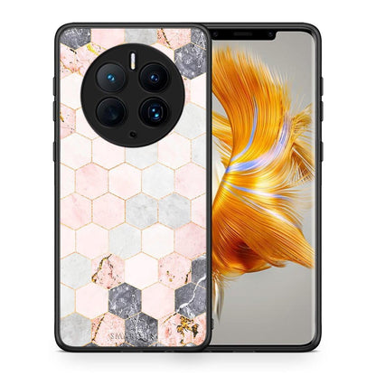 Θήκη Huawei Mate 50 Pro Marble Hexagon Pink από τη Smartfits με σχέδιο στο πίσω μέρος και μαύρο περίβλημα | Huawei Mate 50 Pro Marble Hexagon Pink Case with Colorful Back and Black Bezels