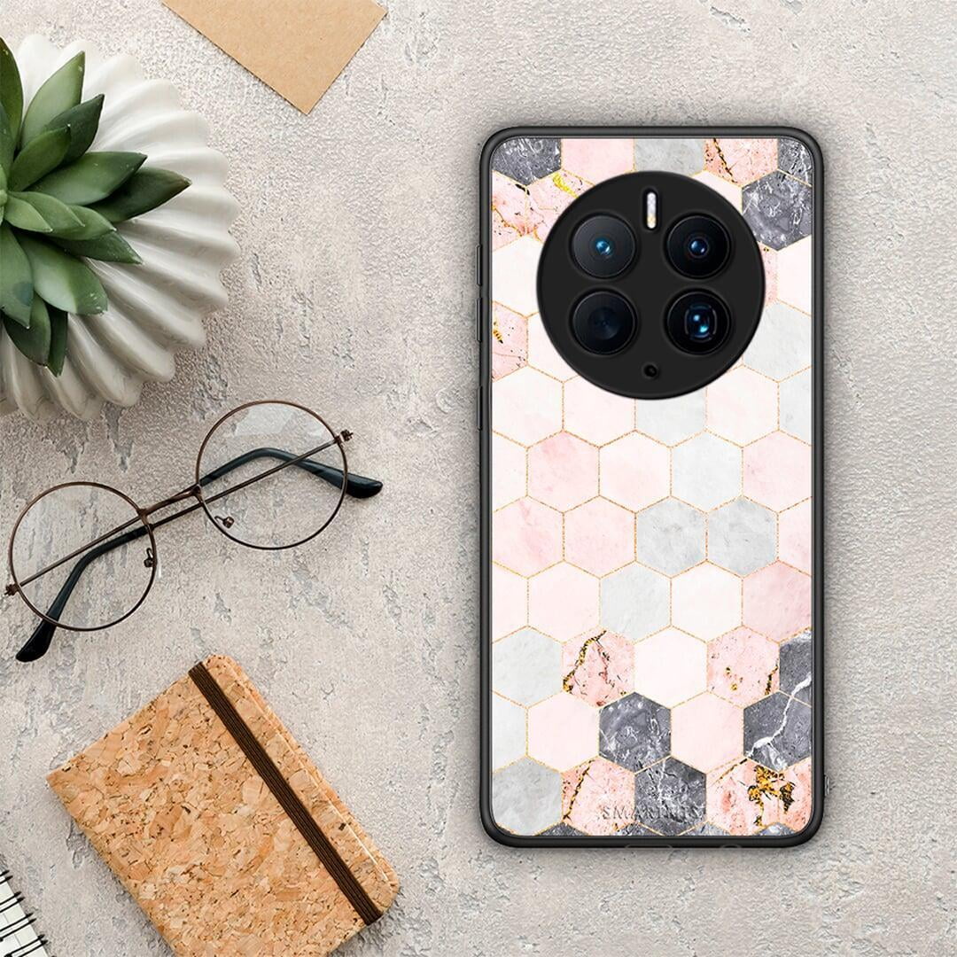 Θήκη Huawei Mate 50 Pro Marble Hexagon Pink από τη Smartfits με σχέδιο στο πίσω μέρος και μαύρο περίβλημα | Huawei Mate 50 Pro Marble Hexagon Pink Case with Colorful Back and Black Bezels
