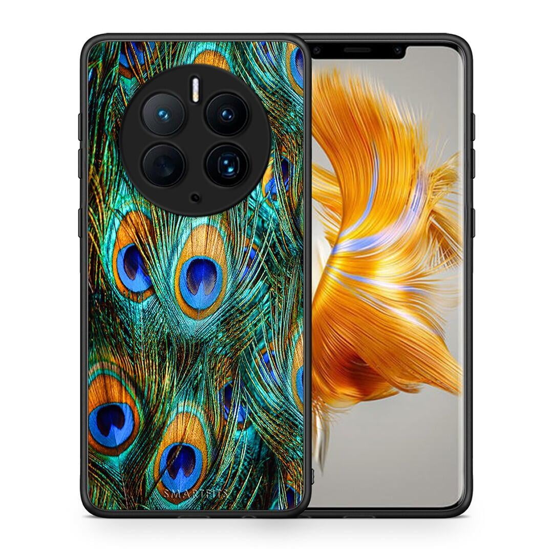 Θήκη Huawei Mate 50 Pro Real Peacock Feathers από τη Smartfits με σχέδιο στο πίσω μέρος και μαύρο περίβλημα | Huawei Mate 50 Pro Real Peacock Feathers Case with Colorful Back and Black Bezels