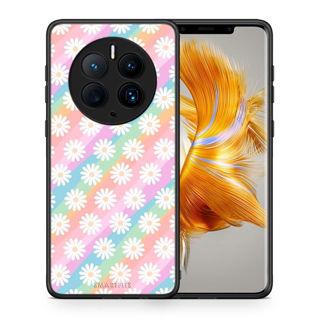 Θήκη Huawei Mate 50 Pro White Daisies από τη Smartfits με σχέδιο στο πίσω μέρος και μαύρο περίβλημα | Huawei Mate 50 Pro White Daisies Case with Colorful Back and Black Bezels