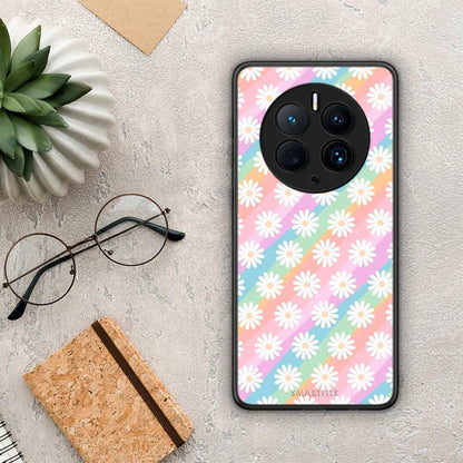 Θήκη Huawei Mate 50 Pro White Daisies από τη Smartfits με σχέδιο στο πίσω μέρος και μαύρο περίβλημα | Huawei Mate 50 Pro White Daisies Case with Colorful Back and Black Bezels