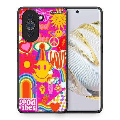 Θήκη Huawei Nova 10 Hippie Love από τη Smartfits με σχέδιο στο πίσω μέρος και μαύρο περίβλημα | Huawei Nova 10 Hippie Love case with colorful back and black bezels