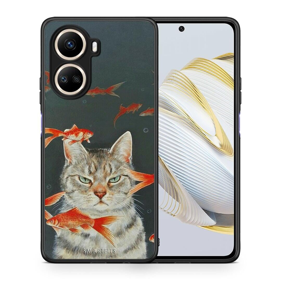 Θήκη Huawei Nova 10 SE Cat Goldfish από τη Smartfits με σχέδιο στο πίσω μέρος και μαύρο περίβλημα | Huawei Nova 10 SE Cat Goldfish Case with Colorful Back and Black Bezels