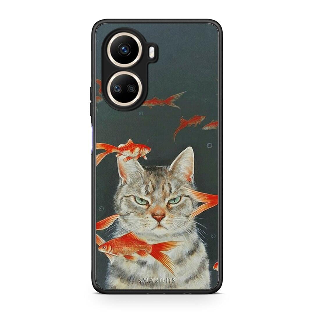 Θήκη Huawei Nova 10 SE Cat Goldfish από τη Smartfits με σχέδιο στο πίσω μέρος και μαύρο περίβλημα | Huawei Nova 10 SE Cat Goldfish Case with Colorful Back and Black Bezels