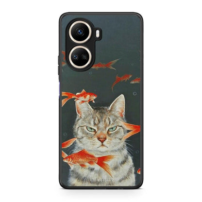 Θήκη Huawei Nova 10 SE Cat Goldfish από τη Smartfits με σχέδιο στο πίσω μέρος και μαύρο περίβλημα | Huawei Nova 10 SE Cat Goldfish Case with Colorful Back and Black Bezels