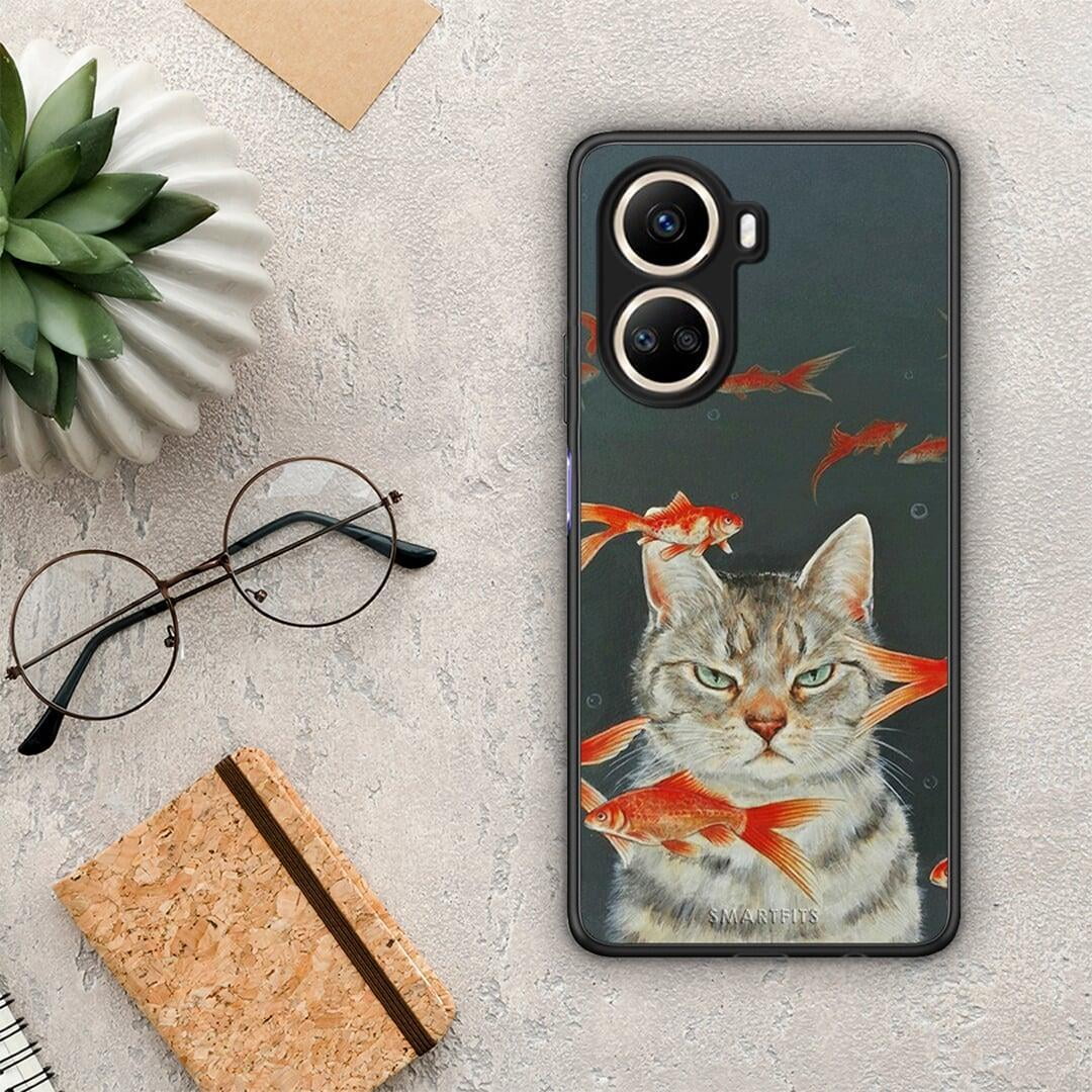 Θήκη Huawei Nova 10 SE Cat Goldfish από τη Smartfits με σχέδιο στο πίσω μέρος και μαύρο περίβλημα | Huawei Nova 10 SE Cat Goldfish Case with Colorful Back and Black Bezels