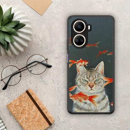 Θήκη Huawei Nova 10 SE Cat Goldfish από τη Smartfits με σχέδιο στο πίσω μέρος και μαύρο περίβλημα | Huawei Nova 10 SE Cat Goldfish Case with Colorful Back and Black Bezels