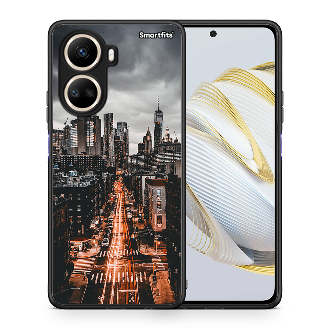 Θήκη Huawei Nova 10 SE City Lights από τη Smartfits με σχέδιο στο πίσω μέρος και μαύρο περίβλημα | Huawei Nova 10 SE City Lights Case with Colorful Back and Black Bezels