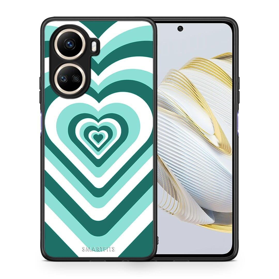 Θήκη Huawei Nova 10 SE Green Hearts από τη Smartfits με σχέδιο στο πίσω μέρος και μαύρο περίβλημα | Huawei Nova 10 SE Green Hearts Case with Colorful Back and Black Bezels