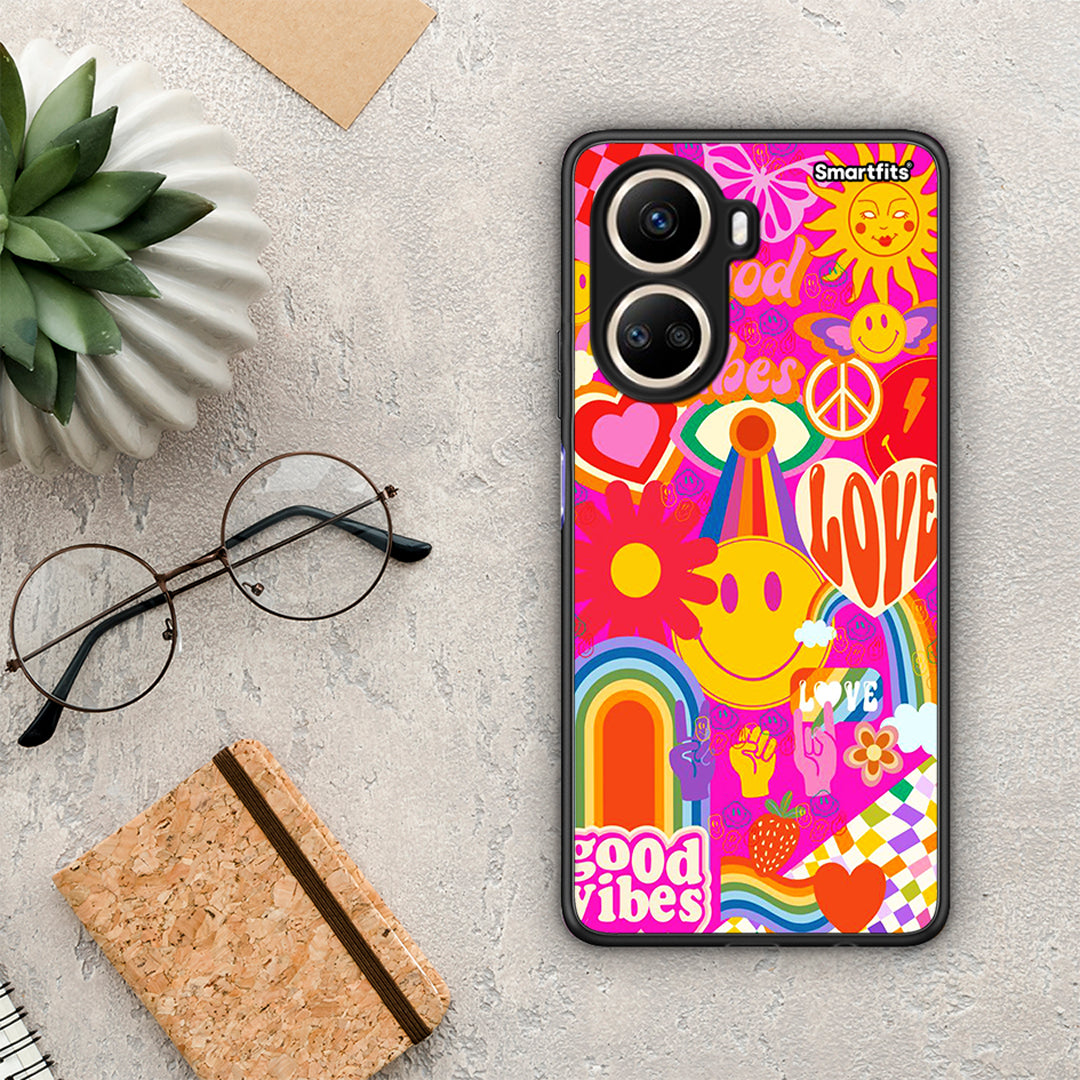 Θήκη Huawei Nova 10 SE Hippie Love από τη Smartfits με σχέδιο στο πίσω μέρος και μαύρο περίβλημα | Huawei Nova 10 SE Hippie Love Case with Colorful Back and Black Bezels