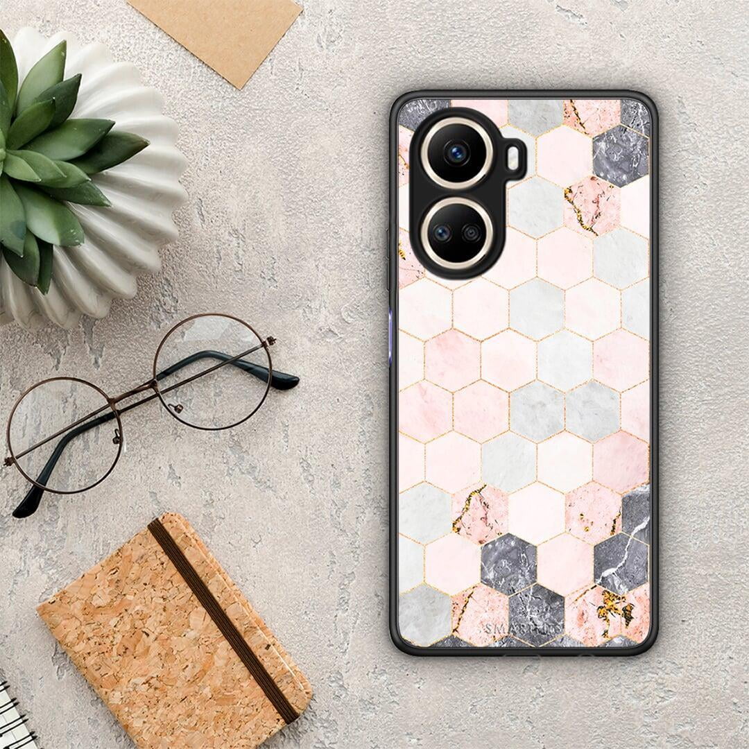 Θήκη Huawei Nova 10 SE Marble Hexagon Pink από τη Smartfits με σχέδιο στο πίσω μέρος και μαύρο περίβλημα | Huawei Nova 10 SE Marble Hexagon Pink Case with Colorful Back and Black Bezels