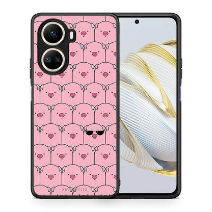 Θήκη Huawei Nova 10 SE Pig Glasses από τη Smartfits με σχέδιο στο πίσω μέρος και μαύρο περίβλημα | Huawei Nova 10 SE Pig Glasses Case with Colorful Back and Black Bezels