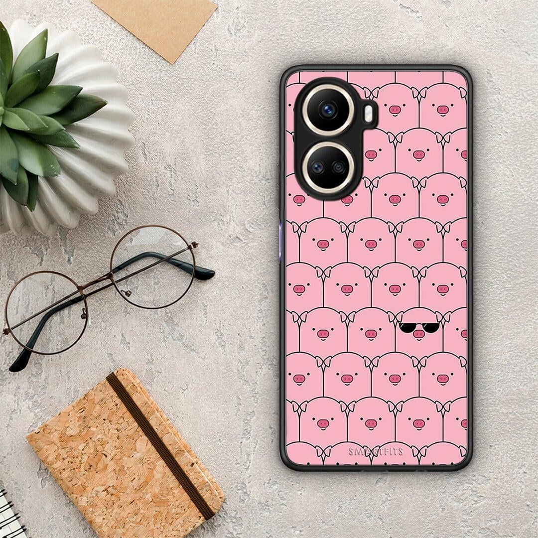 Θήκη Huawei Nova 10 SE Pig Glasses από τη Smartfits με σχέδιο στο πίσω μέρος και μαύρο περίβλημα | Huawei Nova 10 SE Pig Glasses Case with Colorful Back and Black Bezels